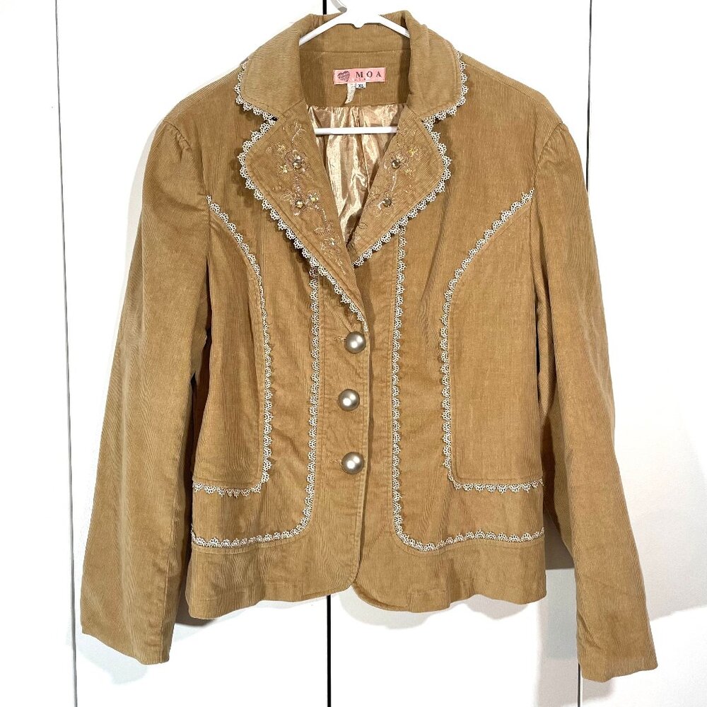Vintage Women’s XL Tan Corduroy Blazer Jacket Floral Embroidered Lace Trim Lined